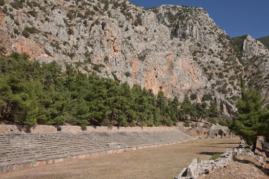 Ancient Stadium in Delphi, Greece, ancient sanctuary that grew rich as seat of oracle that was consulted on important decisions throughout ancient classical world. UNESCO World heritage.