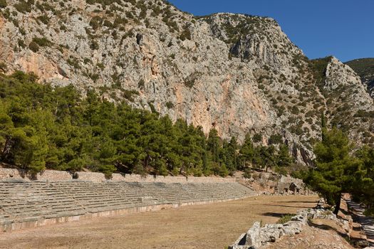 Delphi, Phocis - Greece. Panoramic view of the Stadium of Delphi. It lies on the highest spot of the Archaeological Site of Delphi