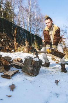 Man chopping wood with an axe, pieces and debris flying around, dynamic action scene