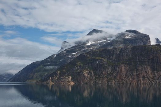 Glaciers and coastline landscape of the Prince Christian Sund Passage in Greenland.