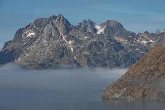 Glaciers and coastline landscape of the Prince Christian Sund Passage in Greenland.