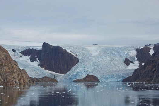 Glaciers and coastline landscape of the Prince Christian Sund Passage in Greenland.