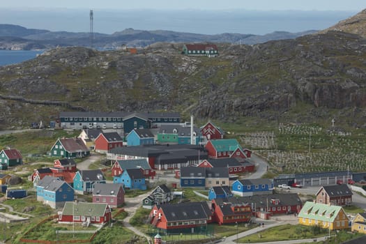 View of Qaqortoq in Greenland. The town is located in southern Greenland with a population of around 4,000 people.