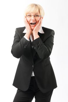 Portrait of shocked mature businesswoman with her hands on chicks against white background