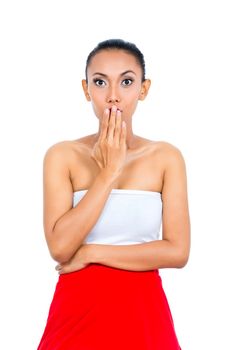 Portrait of a shocked woman over white background