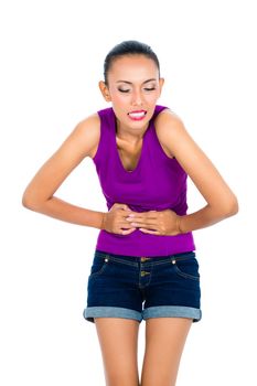Painful woman touching stomach over white background
