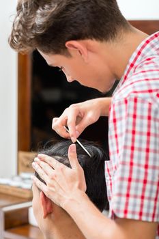 Young barber combing the customer's hair with comb in the barbershop