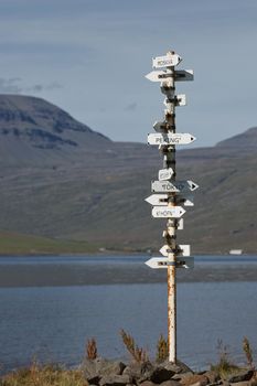 The country location sign at the shore of Eskifjordur town in East region of Iceland.