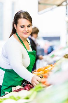 Cheerful saleswoman with fruit and vegetables at famers market