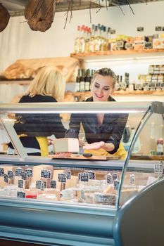Young Sales lady at the cheese counter in a supermarket working