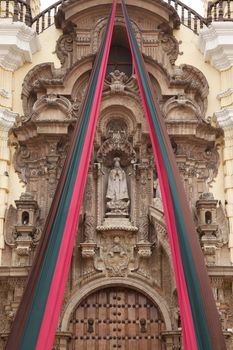 Entrance detail of Monastery of San Francisco in Lima, Peru. The church contains a museum and catacombs which are popular place to visit by tourists.