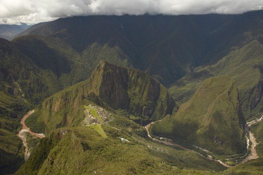 Lost Incan City of Machu Picchu and Wayna Picchu near Cusco in Peru. Peruvian Historical Sanctuary in 1981 and a UNESCO World Heritage Site in 1983. One of the New Seven Wonders of the World