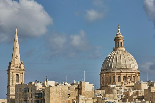 Church and traditional architecture in Valletta in Malta.