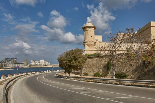 Road leading along the coastline in Valletta in Malta.