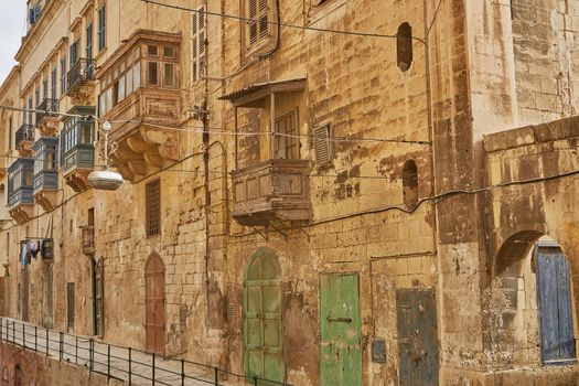 Typical and traditional architecture and houses in Valletta in Malta.