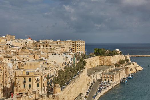 View of a coastal area and downtown of Valletta in Malta.