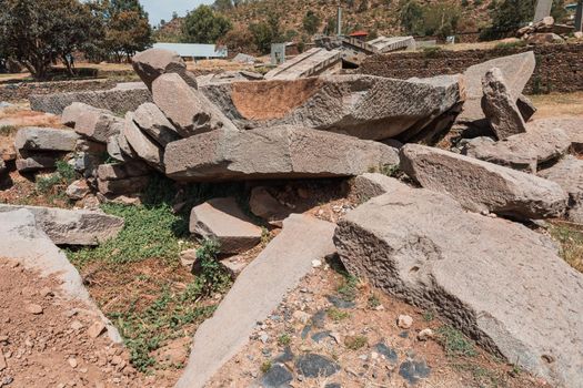 Aksumite civilization ruins, Ancient monolith stone obelisks behind Church of Our Lady of Zion, symbol of the Aksum, Ethiopia. UNESCO World Heritage site.