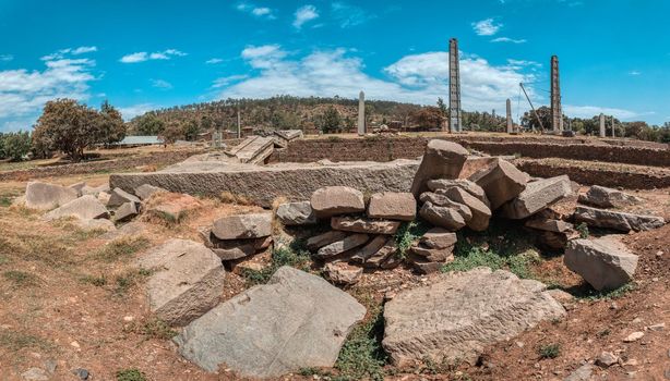 Aksumite civilization ruins, Ancient monolith stone obelisks behind Church of Our Lady of Zion, symbol of the Aksum, Ethiopia. UNESCO World Heritage site.