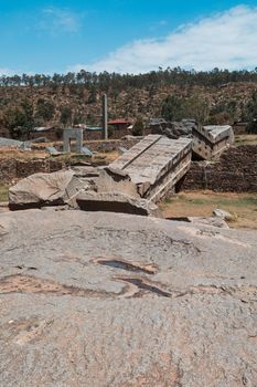 Aksumite civilization ruins, Ancient monolith stone obelisks behind Church of Our Lady of Zion, symbol of the Aksum, Ethiopia. UNESCO World Heritage site.