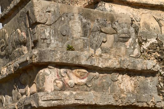 Detail of Mayan Ruins of Temple in Tulum Mexico.