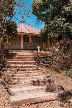 stairs to Entos Eyesu UNESCO Monastery situated on small island on lake Tana near Bahir Dar. Ethiopia Africa