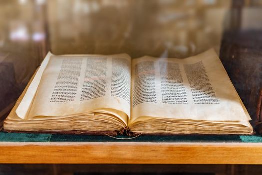 very old and Ancient holy Bible in Amharic language in the UNESCO monastery Ura Kidane Mehret, Zeghe peninsula, near Bahir Dar, Amhara Region, Ethiopia.