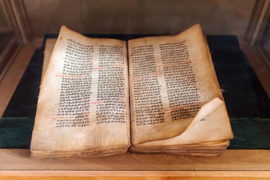 very old and Ancient holy Bible in Amharic language in the UNESCO monastery Ura Kidane Mehret, Zeghe peninsula, near Bahir Dar, Amhara Region, Ethiopia.