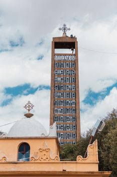 bell tower in Church of Our Lady St. Mary of Zion, the most sacred place for all Orthodox Ethiopians in Axum, Ethiopia.