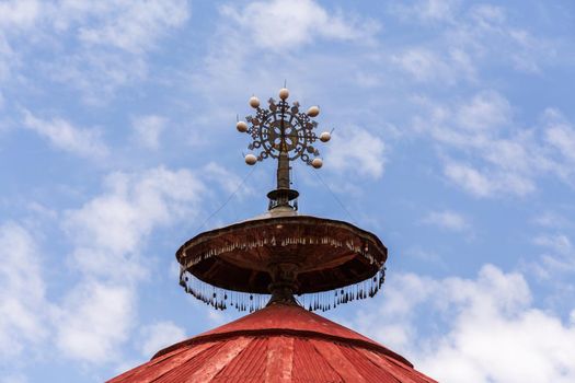 religious symbol on roof of UNESCO Ura Kidane Mehret Church, monastery from 14th century. Zeghe Peninsula in Lake Tana. near bahir Dar, Ethiopia