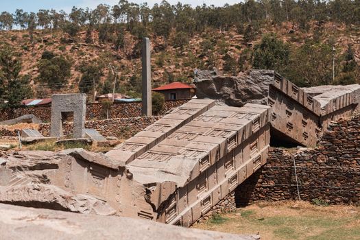 Aksumite civilization ruins, Ancient monolith stone obelisks behind Church of Our Lady of Zion, symbol of the Aksum, Ethiopia. UNESCO World Heritage site.