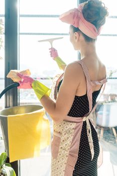 Visibly happy woman as homemaker at spring clean working on the windows