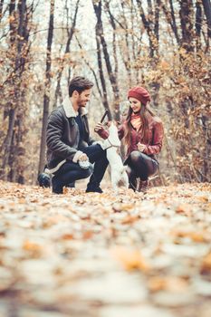 Couple in fall having walk with dog in a park playing with the pet