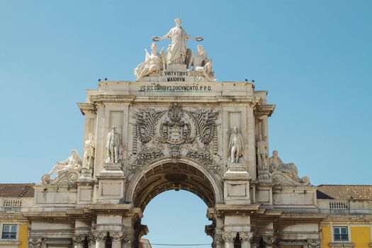 Detail of Rua Augusta Arch, Lisbon, Portugal photographed from low view point