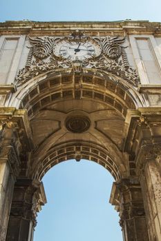 Detail of Rua Augusta Arch, Lisbon, Portugal photographed from low view point