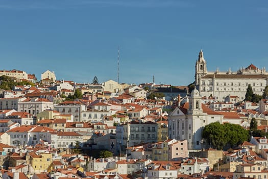 View of traditional architecture and houses on Sao Jorge hill in Lisbon, Portugal