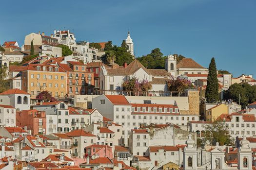View of traditional architecture and houses on Sao Jorge hill in Lisbon, Portugal