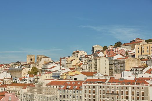 View of traditional architecture and houses on Sao Jorge hill in Lisbon, Portugal