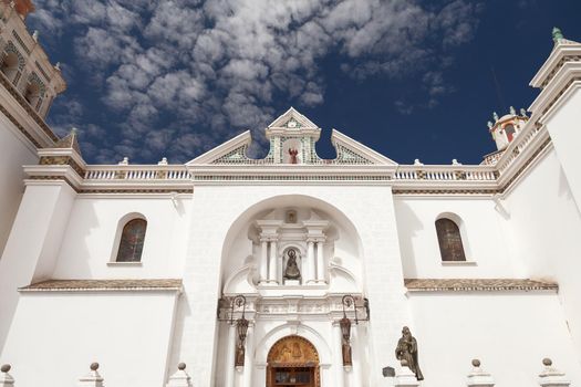 Detail of the facade of the Basilica of Our Lady of Copacabana in the small tourist town along the Titicaca Lake in Copacabana, Bolivia