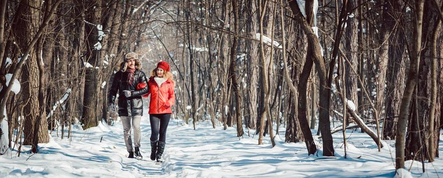 Couple having a winter walk on a chilly cold day in the woods down a path in the snow