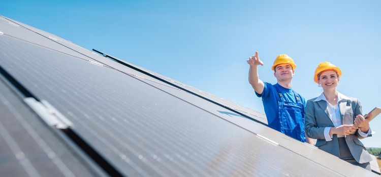 Manager and worker in photovoltaic power plant discussing maintenance of the solar farm