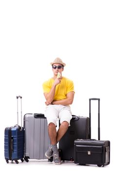 Happy young man going on summer vacation isolated on white