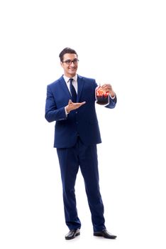 Businessman with blood bag isolated on white