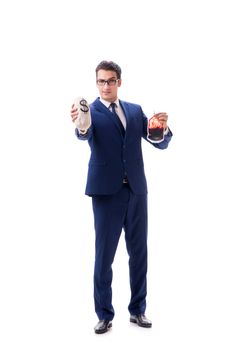 Businessman with blood bag isolated on white