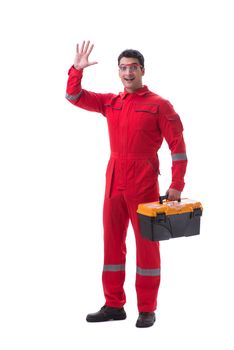 Contractor worker in red coveralls with toolbox isolated on white