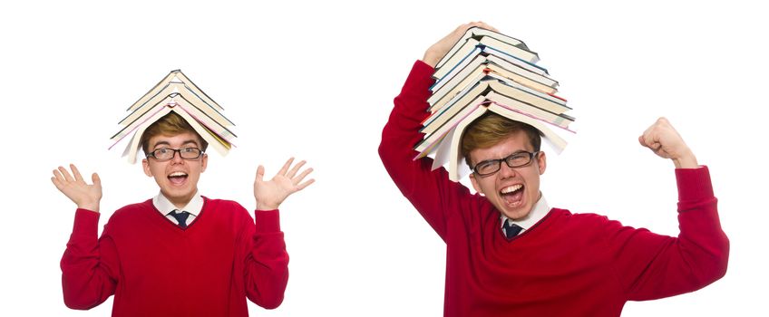 Funny student with books isolated on white