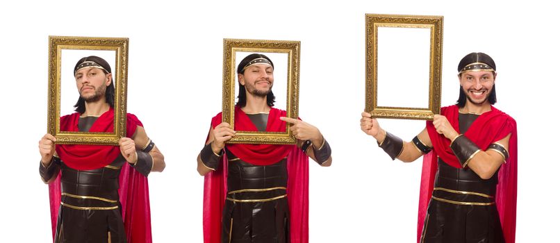 Gladiator holding picture frame isolated on white