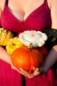 Female gardener presenting pumpkin from the harvest for thanksgiving