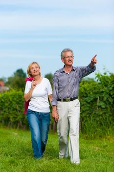 Visibly happy mature or senior couple outdoors hand in hand having a walk