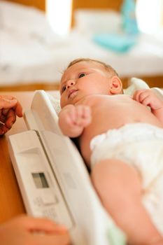 Baby on a weight scale, her mother or a doctor is checking health and development of the newborn