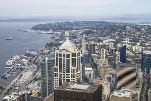 Skyline of Seattle and Space Needle Tower from Columbia Center in Washington, United States.